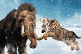 A,Saber-toothed,Tiger,Attacks,A,Lone,Mammoth,In,A,Snowstorm