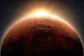 Beautiful,Red,Planet,Mars,With,Craters,With,Dawn,Light,Sun.