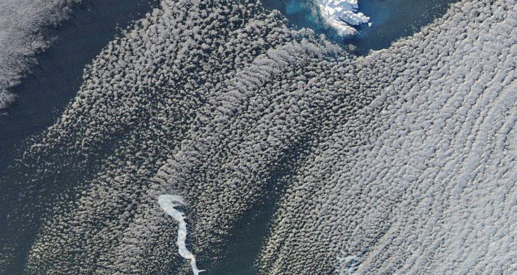 Snow, clouds, and sea ice around South Georgia Island
