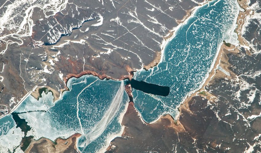 Ice-covered Wheatland Reservoir in Wyoming