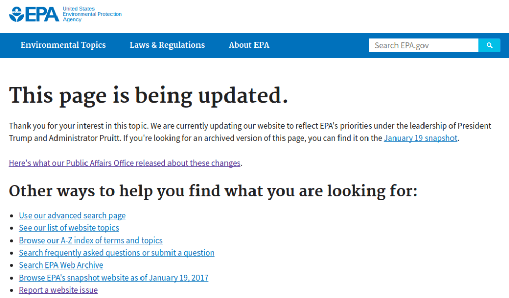 EPA removes climate science data from public website