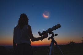 Girl,Looking,At,Lunar,Eclipse,Through,A,Telescope.,My,Astronomy
