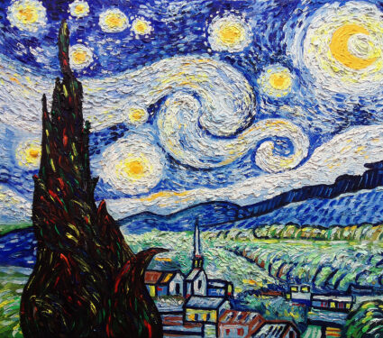 The,Starry,Night,,,Art,Painting,Oil,Color,Moon,Mountain