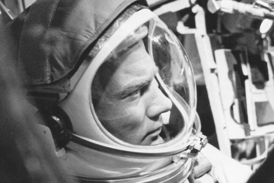 Edwin 'Buzz' Aldrin in a Gemini 12 space capsule craft during a simulation