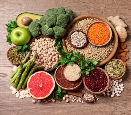 Fresh,Vegetables,,Fruits,And,Seeds,On,Wooden,Table,,Flat,Lay