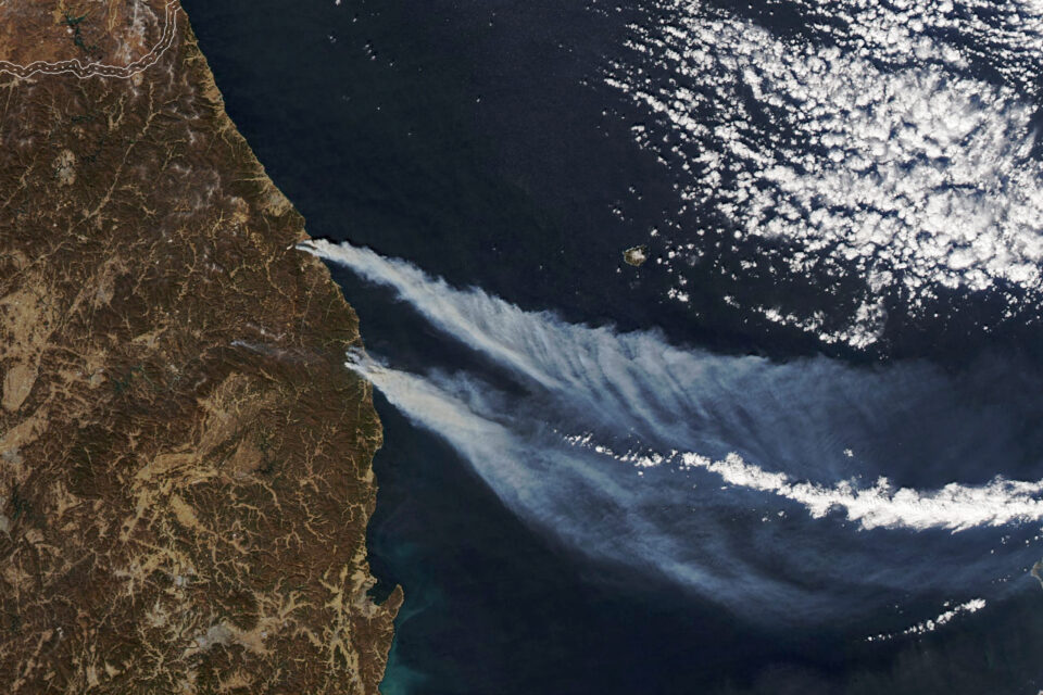 Wildfire smoke streams off the coast of South Korea
