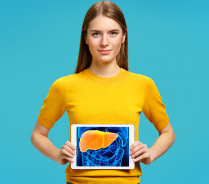 Girl,Shows,The,X-ray,Image,Of,The,Liver.,Photo,Of