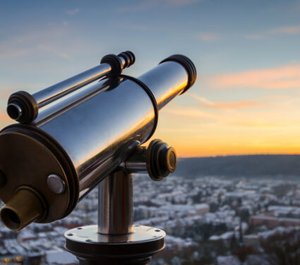 Monocular,Telescope,At,Sunset,Over,Marburg,,Germany