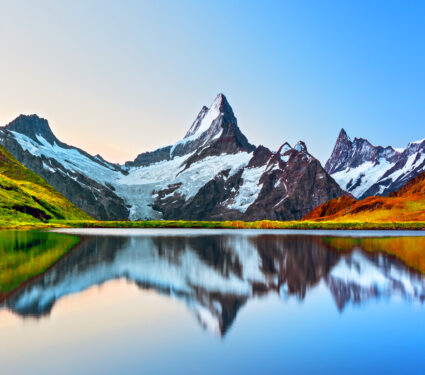 Sunrise,View,On,Bernese,Range,Above,Bachalpsee,Lake.,Peaks,Eiger,