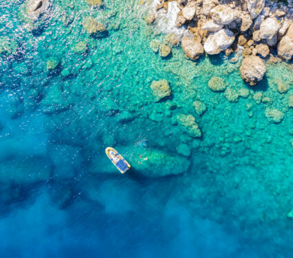 Aerial,View,Of,A,Rib,Boat,With,Snorkelers,And,Divers