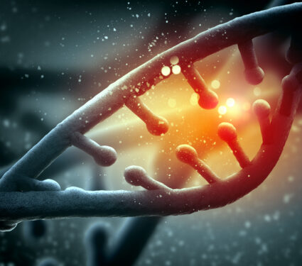 Dna,Molecule,Is,Located,In,Front,Of,A,Colored,Background.