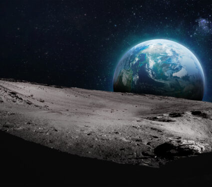 Moon,Surface,With,Dark,Side.,Earth,On,Background.,Elements,Of