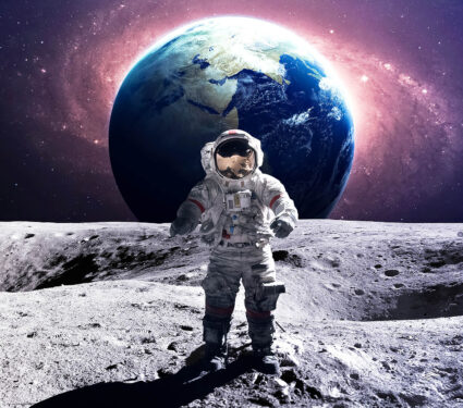 Brave,Astronaut,At,The,Spacewalk,On,The,Moon.,This,Image