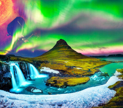 Northern,Light,,Aurora,Borealis,At,Kirkjufell,In,Iceland.,Kirkjufell,Mountains