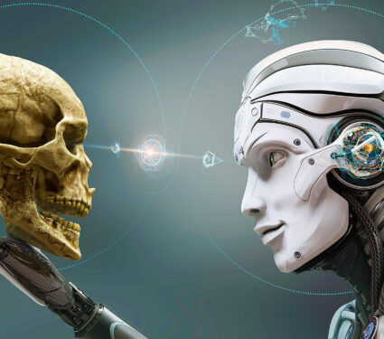 Robot,With,Artificial,Intelligence,Observing,Human,Skull,In,Evolved,Cybernetic