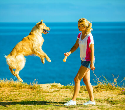 Portrait,Of,Beautiful,Woman,With,Her,Retreiver,Dog,Playing,Near