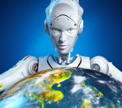 Female,Robot,Holding,A,Globe,In,Her,Hands,3d,Render