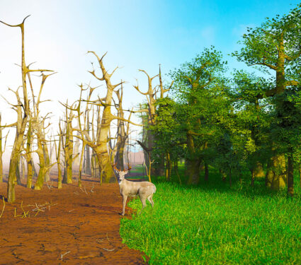 Deer,In,Past,And,Future,Forest,,Climate,Change,Crisis,,Global