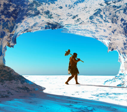 Primitive,Man,Walks,Through,The,Winter,Landscape,.,3d,Render