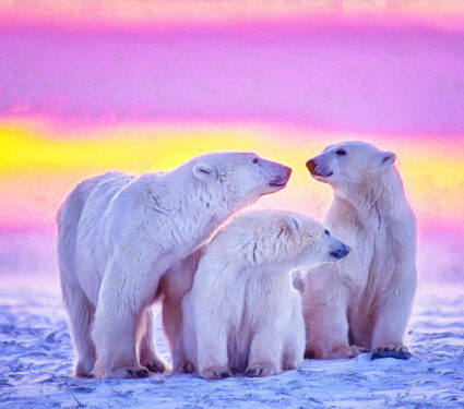 Digital,Painting,Of,Polar,Bear,Family,At,Sunset