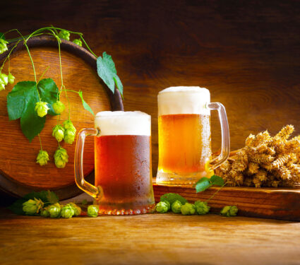Mug,Of,Beer,,Wheat,Ears,,Green,Hops,And,Beer,Barrel