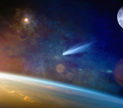 Astronomical,Scientific,Background,-,Bright,Comet,Approaching,To,Planet,Earth