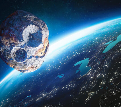 Asteroid,In,Outer,Space,Near,Earth,Planet.,Meteorite,On,Orbit