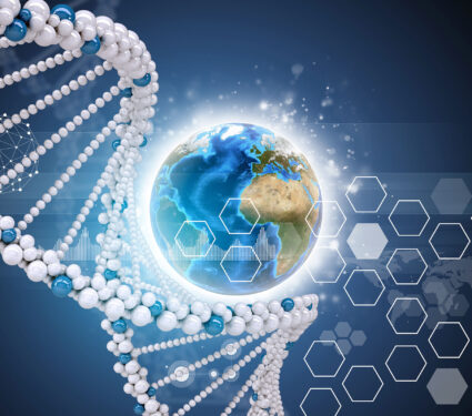 Dna,Model,And,Earth,With,Hexagons,And,World,Map.,Blue