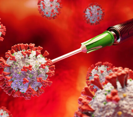 Conceptual,Illustration,Of,Vaccination,Against,Coronavirus,,Syringe,Stabs,Into,Sars-cov-2