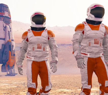 Astronaut,Wearing,Space,Suit,Walking,On,The,Surface,Of,Mars.