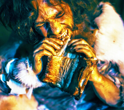 Close-up,Portrait,Of,Tribe,Leader,Wearing,Animal,Skin,Eating,In