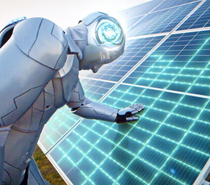 Artificial,Intelligence.,Modern,Cybernetic,Robot,Man,Touching,Modern,Solar,Battery
