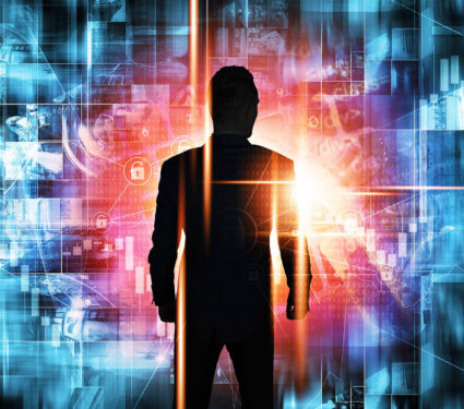 Men,Entering,The,World,Of,New,Technologies.,Abstract,Conceptual,Illustration.