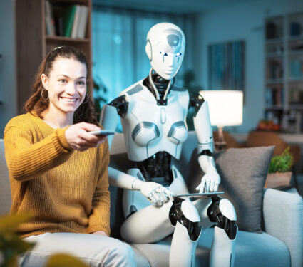 A,Pretty,Young,Girl,And,Her,A.i.-equipped,Domestic,Robot,,Choose