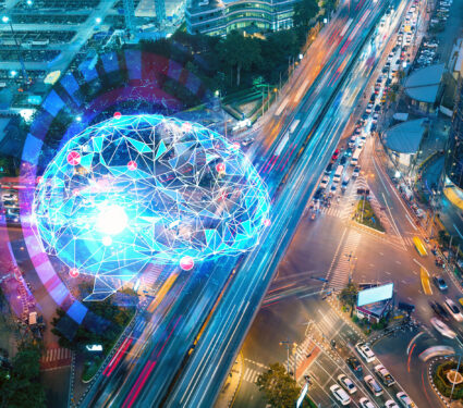 Brain,Hologram,On,Aerial,View,Of,Road,,Busy,Urban,Traffic