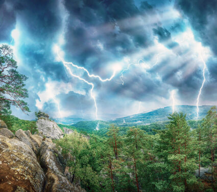 Lightning,Thunderstorm,Flash,And,Sun,Lights,In,The,Mountains.,Concept