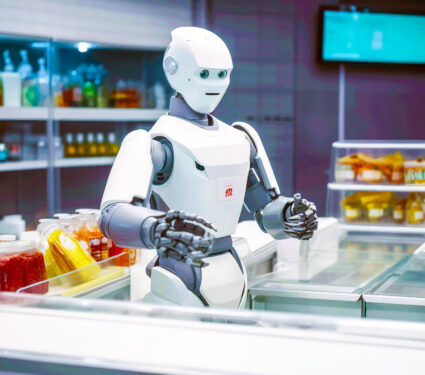 Robot,Cashier,Working,At,A,Grocery,Store.,Products,At,Supermarket