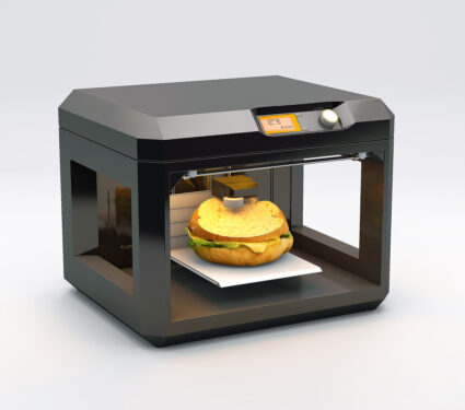 3d,Printer,Print,Burger,On,A,White,Background,3d,Rendering