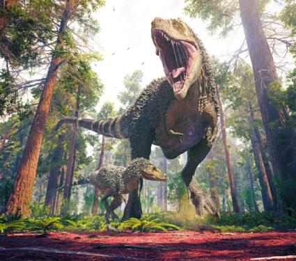3d,Rendering,Of,Tyrannosaurus,Rex,,And,Its,Young,One,,Storming