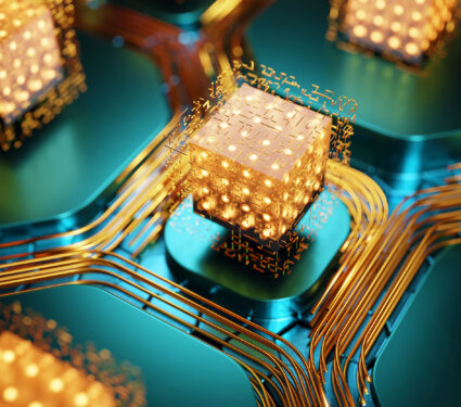 Luminous,Processor.,Abstract,Technological,Background,From,Blocks.quantum,Computing.,Qubit.,3d