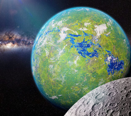 Green,Alien,Planet,With,Moon,,Exoplanet,With,Surface,Water,And