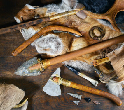 Stone,Age,Tools,On,Wooden,Background,-,Panoramic,View