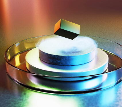 Artificial,Floating,Rock,On,A,Stack,Of,Metallic,Disc,And