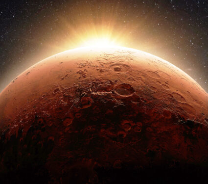 Beautiful,Red,Planet,Mars,With,Craters,With,Dawn,Light,Sun.