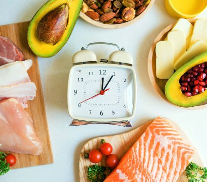Intermittent,Fasting,And,Healthy,Food.,Concept.alarm,Clock,And,Keto,Diet
