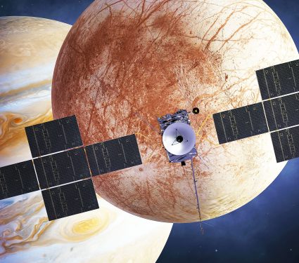Juice,Spacecraft,Orbiting,Jupiter's,Moons.,Showing,Europa,,One,Of,The