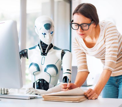 Woman,And,Ai,Robot,Working,Together,In,The,Office,,Automation