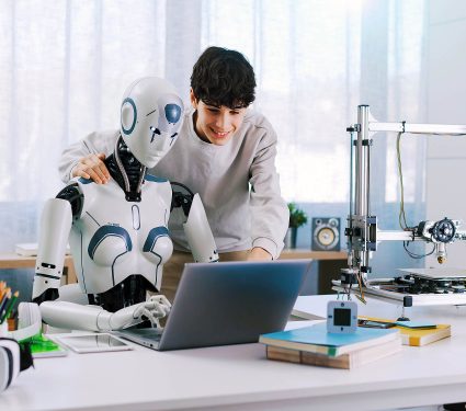 A,Boy,Studies,With,The,Help,Of,A,Robot.,The