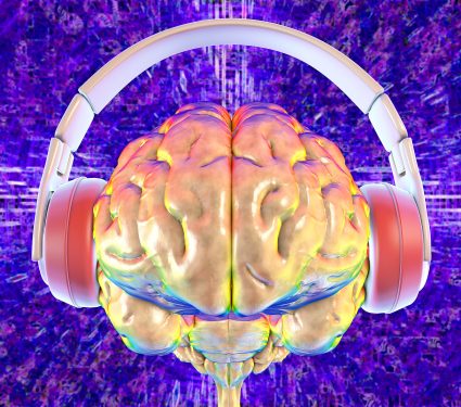 3d,Illustration,Of,A,Human,Brain,Wearing,Headphones,,Symbolizing,Music,