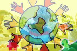 Image,Of,Colourful,Puzzle,Pieces,And,Globe,With,Hands,Over